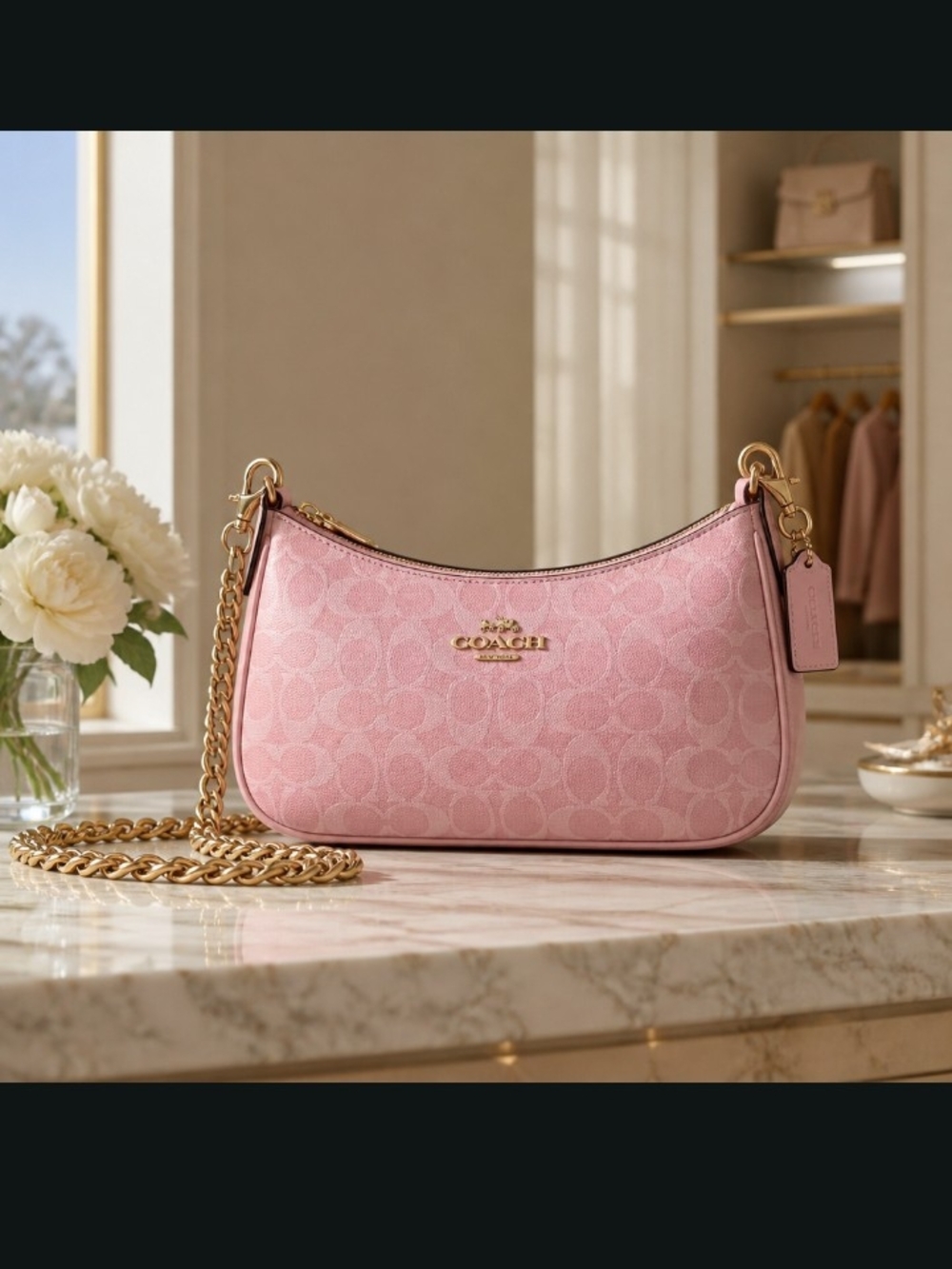 Coach Pink Signature Canvas Shoulder Bag with Gold Chain Strap